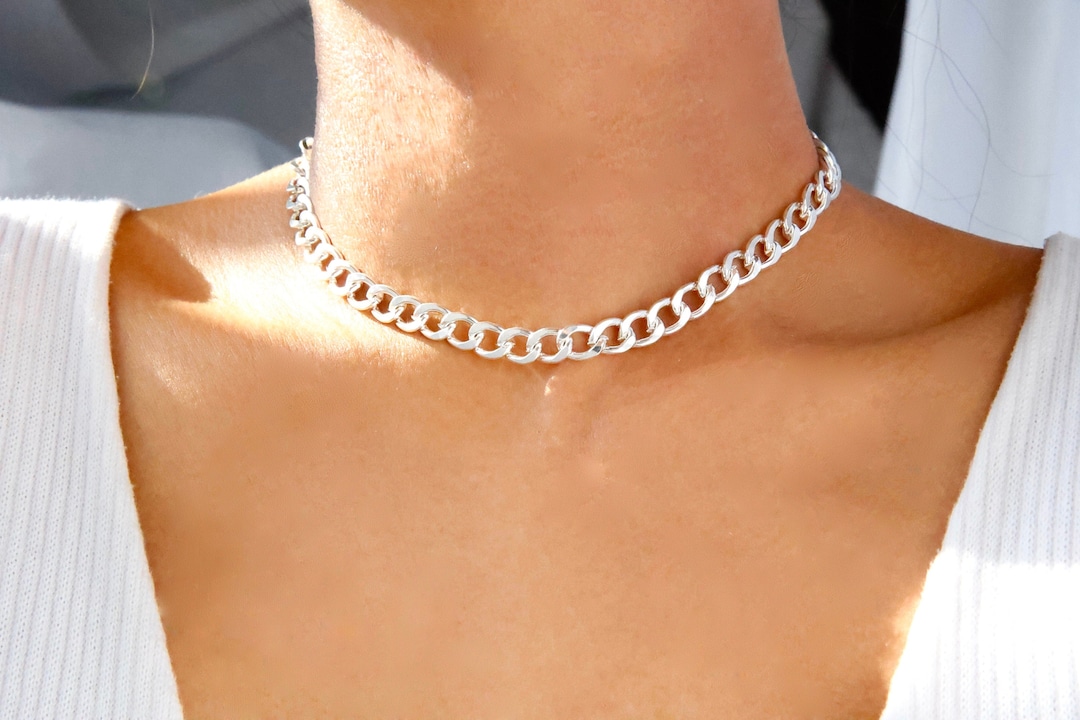 Silver Curb Chain Choker Necklace / Simple Silver Curb Chain