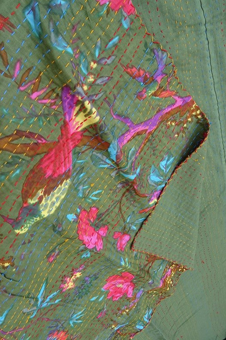Kantha quilt in King Size Winter Blanket Bedding GREEN DARK Tropical Bird Kantha Quilt Kantha bed spread Kantha coverlet kantha throw