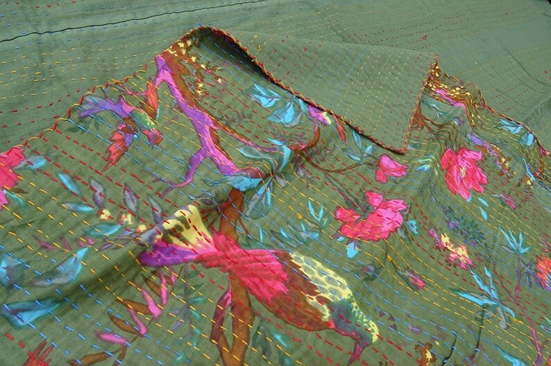 Kantha quilt in King Size Winter Blanket Bedding GREEN DARK Tropical Bird Kantha Quilt Kantha bed spread Kantha coverlet kantha throw