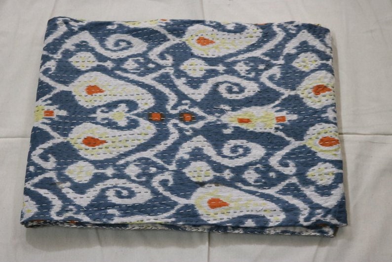 Indian gray Ikat Print Kantha Quilt Queen Size Pure Cotton Traditional Kantha Throw Blanket Bedspread Vintage Double Gudari