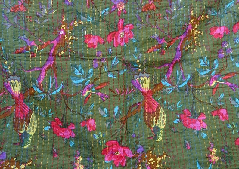 Kantha quilt in King Size Winter Blanket Bedding GREEN DARK Tropical Bird Kantha Quilt Kantha bed spread Kantha coverlet kantha throw