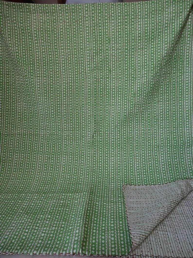 Block print padded quilt original handmade indian patchwork kantha quilt Kantha Bed Cover Kantha Blanket hand stitched quilt pure cotton