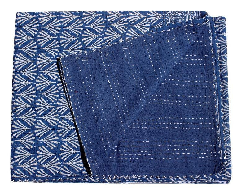 Indian Block Printed Kantha Quilts Indian Handmade Vintage Throw Bedcover Bedspread Gudri