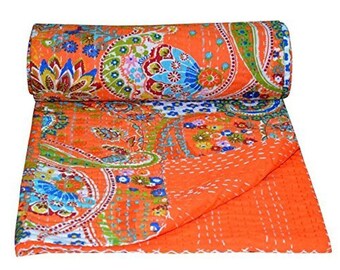 Paisley Print Cotton Kantha Quilt Bedspread Floral Print Kantha Blanket, Bed Cover, Bedspread, Bohemian Bedding 90*108"