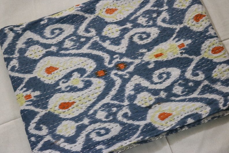 Indian gray Ikat Print Kantha Quilt Queen Size Pure Cotton Traditional Kantha Throw Blanket Bedspread Vintage Double Gudari