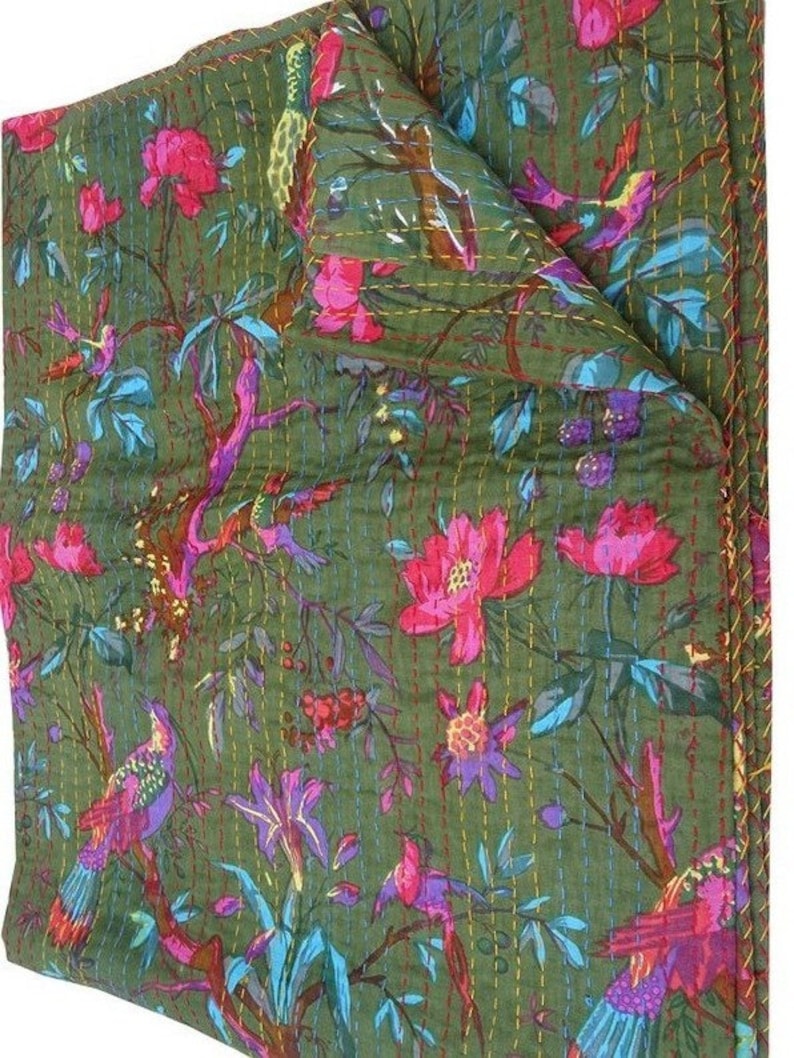 Kantha quilt in King Size Winter Blanket Bedding GREEN DARK Tropical Bird Kantha Quilt Kantha bed spread Kantha coverlet kantha throw
