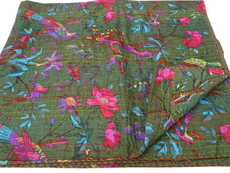 Kantha quilt in King Size Winter Blanket Bedding GREEN DARK Tropical Bird Kantha Quilt Kantha bed spread Kantha coverlet kantha throw