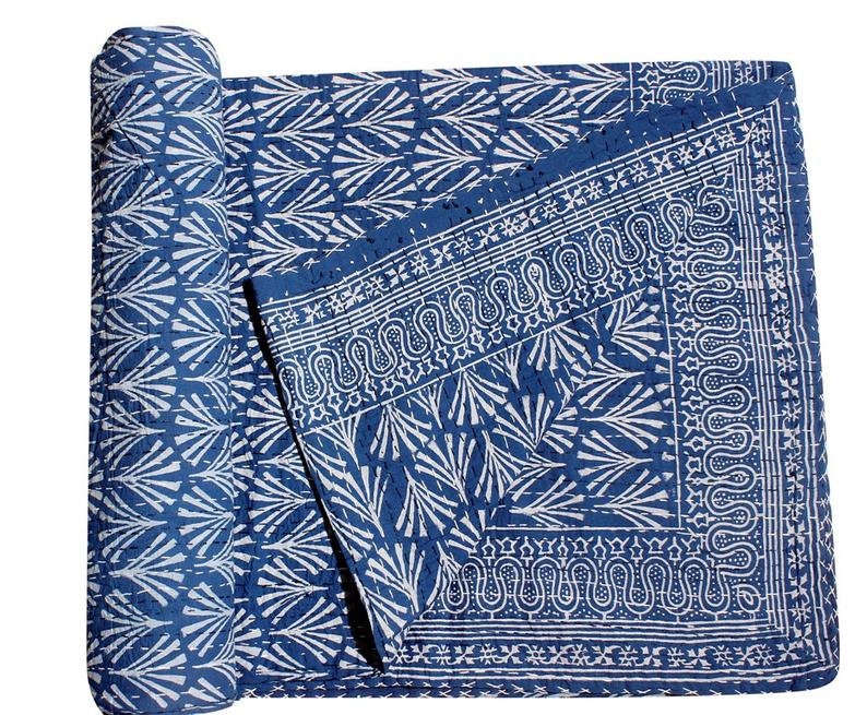 Indian Block Printed Kantha Quilts Indian Handmade Vintage Throw Bedcover Bedspread Gudri
