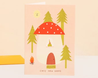 Toadstool Cosy New Home Card | Folky Moving Card | Woodland Card | Mushroom Greeting Card | Happy New Home | Moving Card | New Adventures