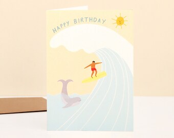 Surfer Birthday Card | Happy Birthday | Male Birthday Card | Beach Birthday | Surfing Card | Wave | Surf Board | Whale | Man On A Surf Board