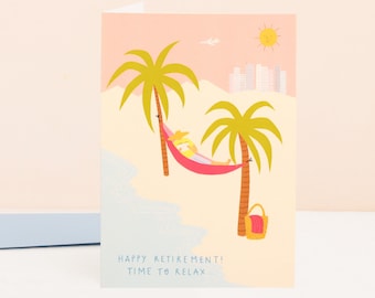 Time To Relax Retirement Card | Beach | Retirement Card For Women / Men | Happy Retirement | Modern Retirement Card | Palm Trees | Hammock