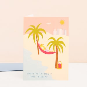 il est temps de se détendre carte de vœux | Plage | Carte de retraite pour femmes/hommes | Bonne retraite | Carte de retraite moderne | Palmiers | Hamac
