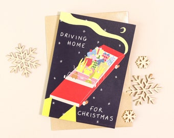 Driving Home For Christmas Card | Festive Elves | Presents | Funny | Holiday Card | Convertible | Moon | Merry Christmas | Elf | Reindeer