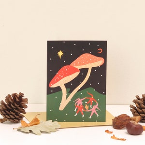 Tarjeta navideña de duendes populares / Tarjeta de setas / Escena de bosque / Duende navideño / Escena de nieve / Estrella del Norte / Tarjeta navideña popular / Escena invernal