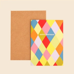Carte de joyeux anniversaire Arlequin | Carte de voeux colorée d'anniversaire | carte d'anniversaire de cirque | Carte d'anniversaire pour enfants | Modèle de carte d'anniversaire