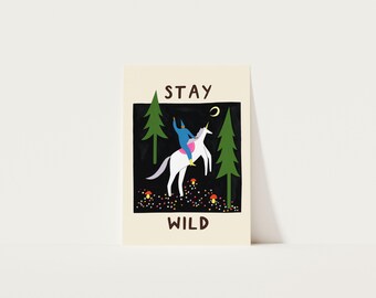 Stay Wild Unicorn Art Print, Whimsical Forest Wall Art, Kids Nursery Decor, Giclée Print