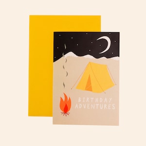 d'anniversaire d'aventures | Camping Card | Carte douillette | Feu de camp | Tente | Camping de nuit | Montagnes | carte d'anniversaire nature | À l'extérieur