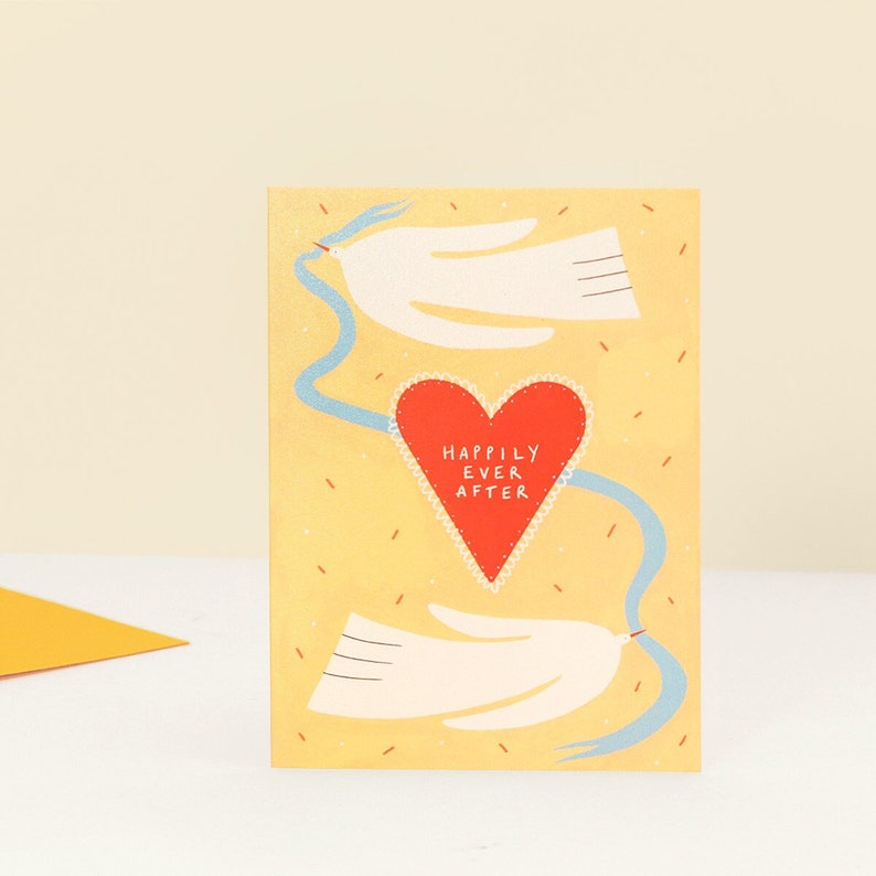 Happily Ever After Wedding Card Congratulations Couple Bride and Groom Confetti Celebration Card Love Birds Love Heart image 1