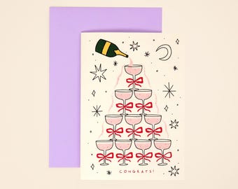 Biglietto di congratulazioni con champagne / Biglietto di torre di bevande / Biglietto di fidanzamento / Biglietto di conseguimento / Ben fatto / Laurea / Lavoro
