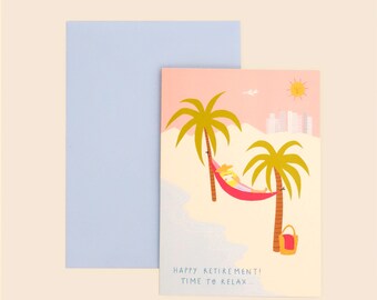 Time to Relax Retirement Card, Beach Hammock & Palm Trees, Tropical Seaside Illustration, Blank Inside, UK Printed