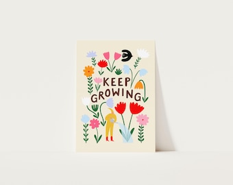 Keep Growing Art Print, Kids Room Wall Art, Floral Quote Print, Growth Mindset, Giclée