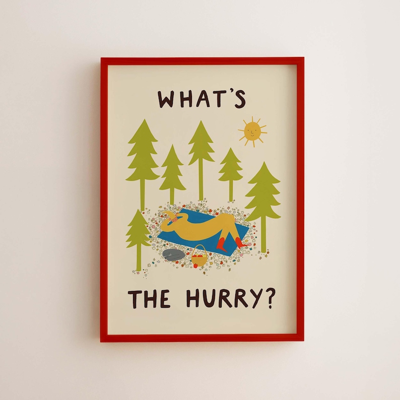 What’s The Hurry? Slow Living Art Print, Mindfulness Quote Wall Art, Forest Cat Giclée Print Red Frame