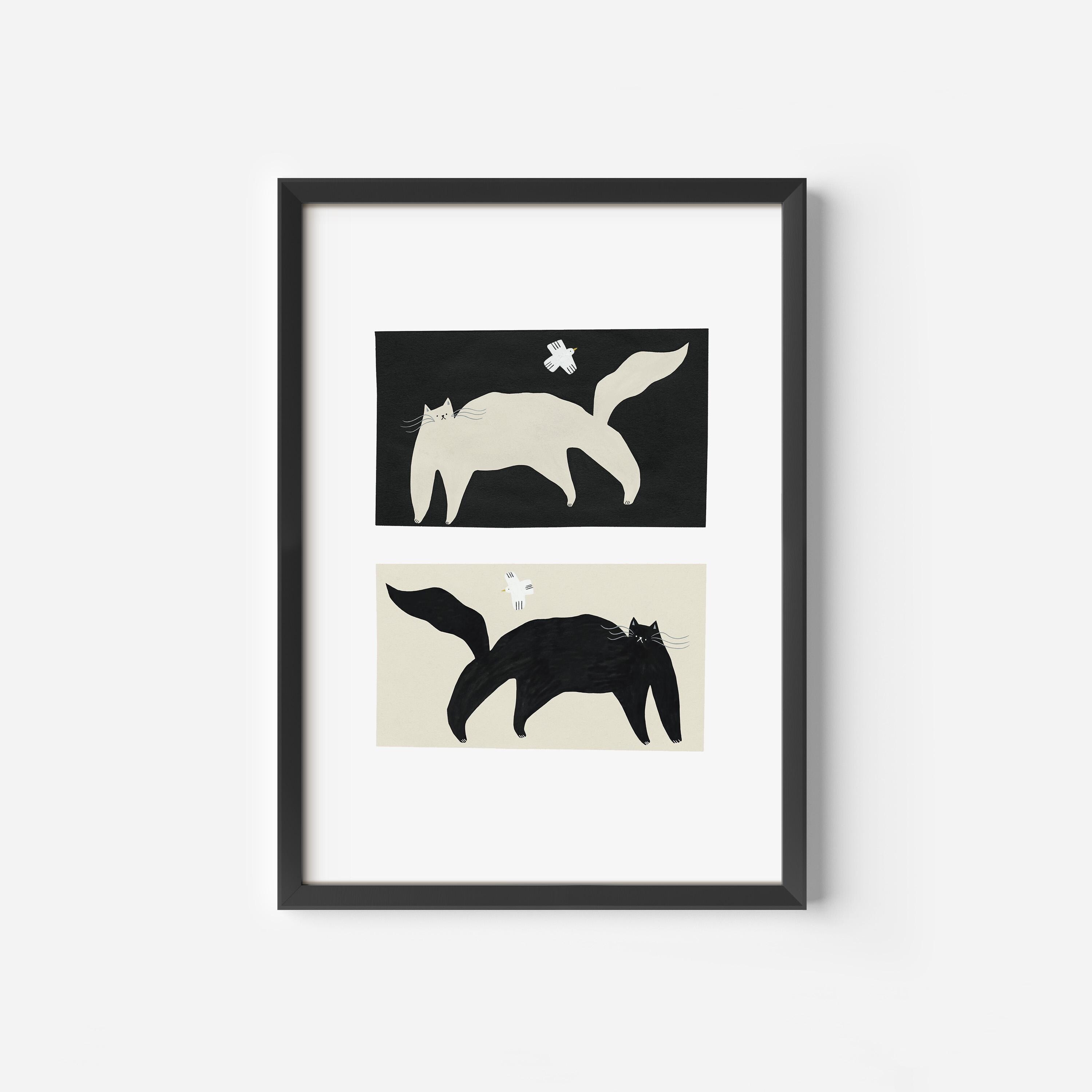 Black and White Cat Print, Negative Positive Cats Wall Art, Minimalist ...