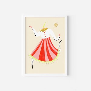 May include: A whimsical illustration of a headless figure in a red and pink striped skirt, white shirt, and black and white striped stockings. The figure is dancing with a yellow star above its head.
