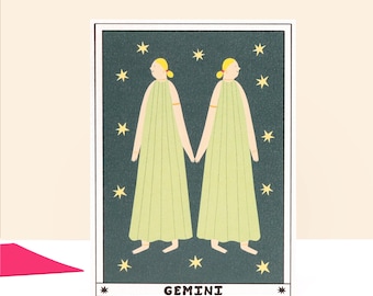 Gemini Birthday Card, Star Sign Tarot Card, Astrology Birthday Card