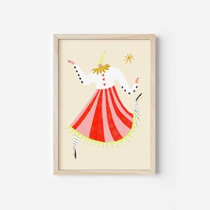 May include: A framed illustration of a headless figure in a red and pink striped skirt with a white top and a yellow crown. The figure is dancing with one leg raised and a black and white striped stocking on the other leg. The background is a light yellow.