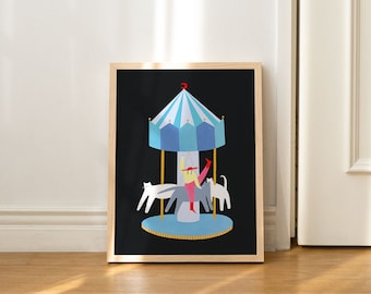 Cat Carousel Art Print | Cowgirl | Colourful Decor | Circus | Fairground Wall Decor | Circus Nursery Decor | Merry-Go-Round | Carnival Print