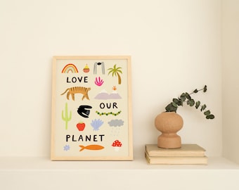 Love Our Planet Art Print | Nature Lover | Folky | Animals | Folky | Slow Living | Children's Art Print | Nursery Art | Be Kind