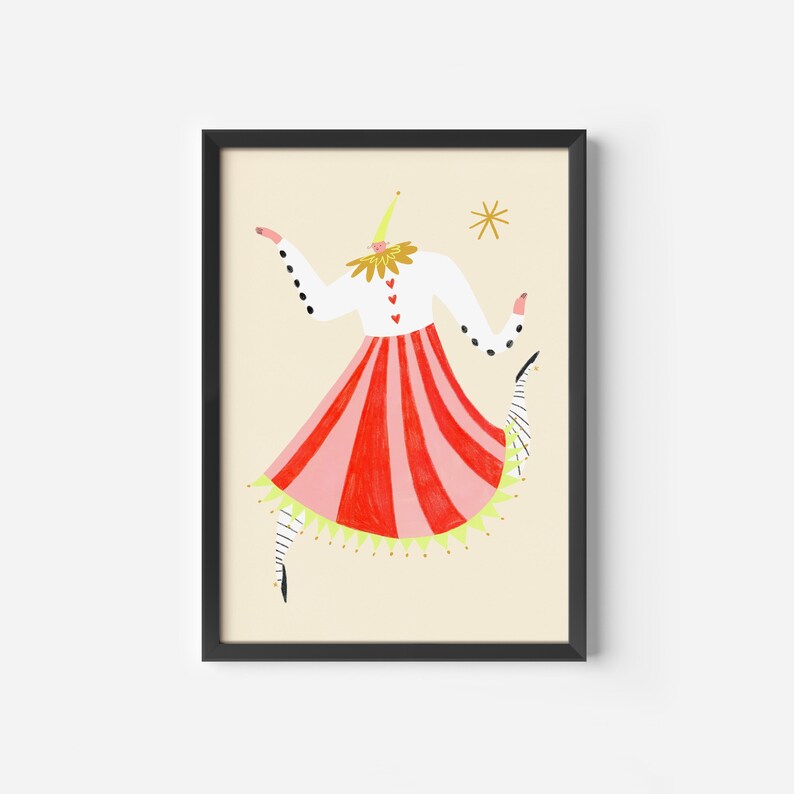 May include: A digital illustration of a headless person wearing a red and pink striped skirt with a white top and a yellow crown. The person is dancing with their arms outstretched and a gold star above their head.