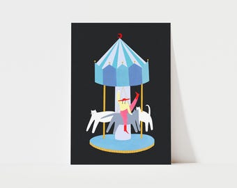 Stampa artistica con giostra di gatti / Cowgirl / Decorazione colorata / Circo / Decorazione da parete per luna park / Decorazione per cameretta dei bambini a tema circo / Giostra / Stampa di carnevale