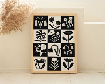 Black And White Flowers Art Print | Monochrome | Floral Art | Botanical Illustration | Minimalist | Florals | Grid Pattern Wall Artwork