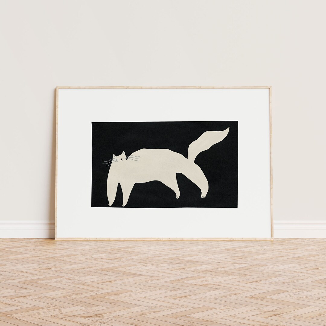 White Cat Art Print Cat Wall Decor Black and White Minimalistic Cat Art ...