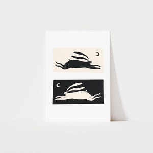 Negativ/Positiv Kaninchen Kunstdruck | Springender Hase | einfarbig | Schwarz und Weiß | Jahr des Hasen | Himmlisch | Waldland | Tierkunst