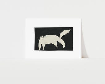 Minimalist White Cat Art Print, Black Background, Modern Wall Decor