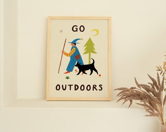 Go Outdoors Art Print | Nature | Folky | Mushrooms | Black Dog | Mindfulness Art Print | Slow Living | Children's Art Print | Nursery Art