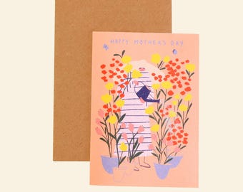 Happy Mother's Day Floral Card, Garden Illustration for Plant Mum