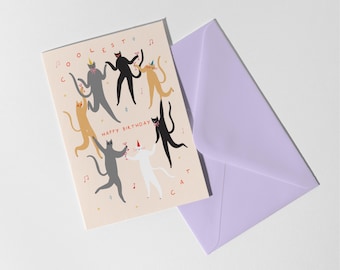 Coolest Cat Birthday Card, Dance Party Cats Illustration, Funny Kitty Greeting, Cute Cat Lover Gift