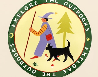 Entdecke die Natur Aufkleber, Abenteuer Abzeichen Waldwanderung + Hund, Outdoor Entdecker Vibes, Camping Wandergeschenk, Folky Art Aufkleber