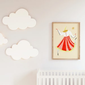 May include: A framed illustration of a woman in a red and white striped skirt, white shirt, and yellow shoes. The woman is dancing and has a star above her head. The background is a light yellow color.