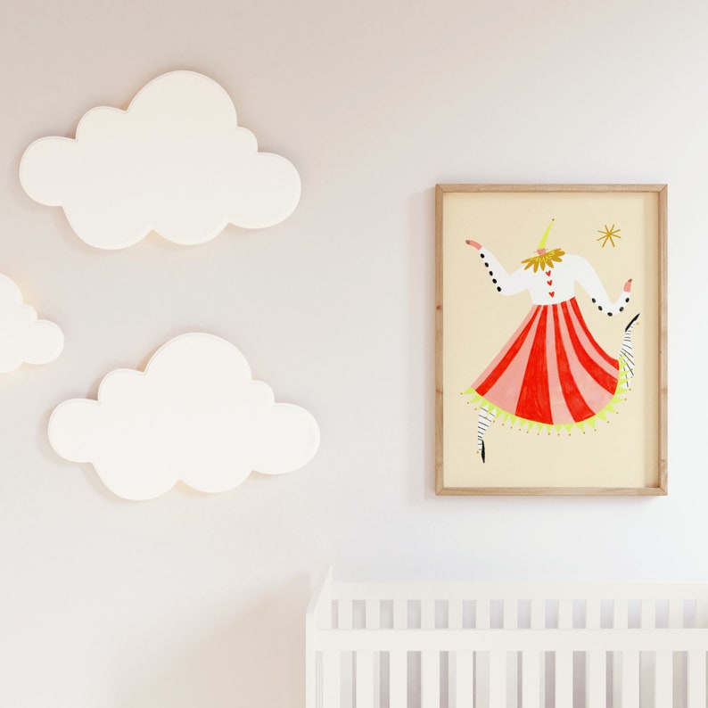 May include: A framed illustration of a woman in a red and white striped skirt, white shirt, and yellow shoes. The woman is dancing and has a star above her head. The background is a light yellow color.
