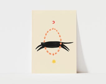 Circus Cat Kids Room Wall Art, Black Cat Ring of Fire Print, Giclée