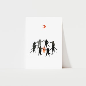 Impressão artística de Gatos Místicos | Clã de Gatos Pretos sob Lua Crescente Vermelha | Arte de Parede Oculta e Bruxa | Impressão Giclée no Reino Unido