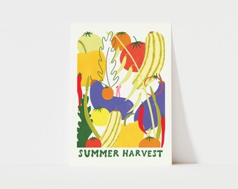Summer Harvest Art Print, Vegetable Kitchen Wall Art, Retro Food Illustration, Giclée Print