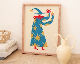 Magical Wizard Character Art Print | Nursery Wall Art | Folky | Fantasy Illustration | Magic | Witchy Wall Decor | Kids Room Decor | Boho