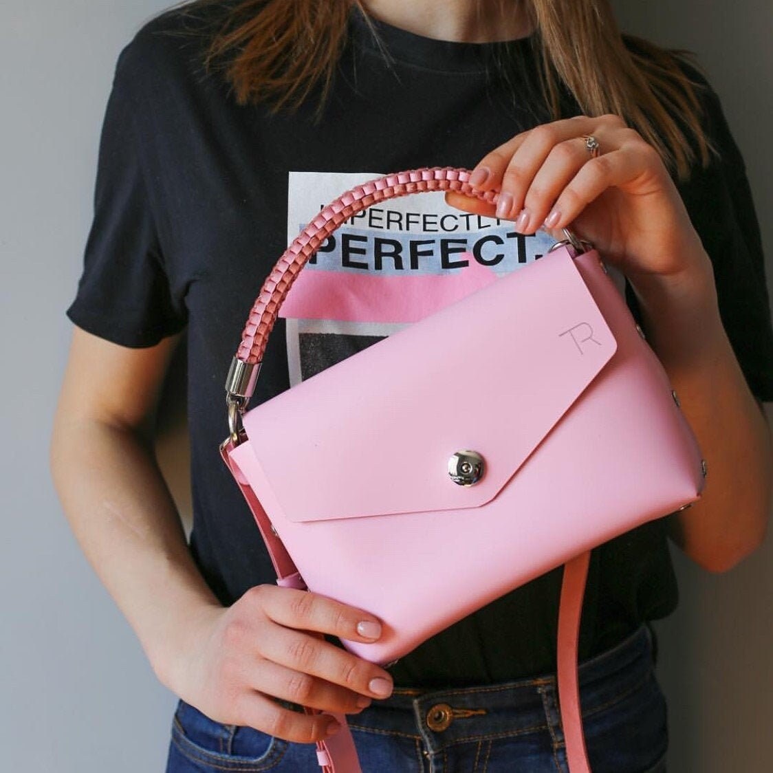 Pink Crossbody Bag Top Handle Leather Handbag Leather Etsy