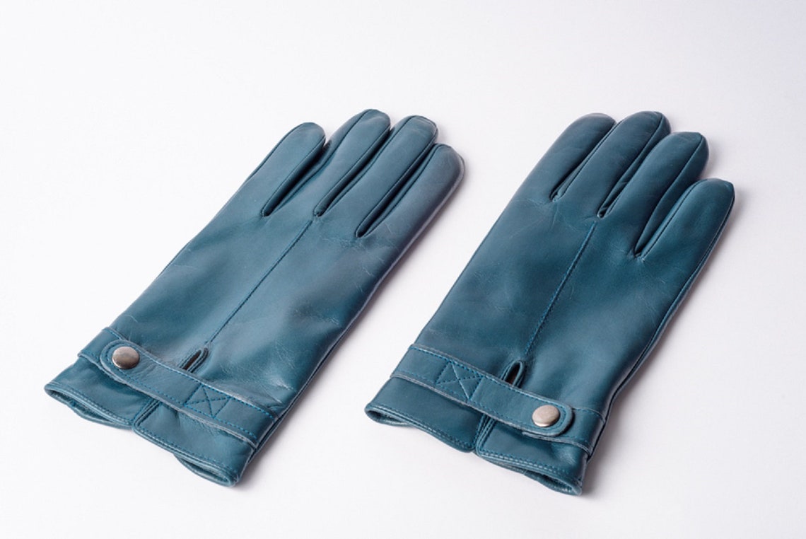 Mens leather gloves winter lined blue Warm gloves for men Etsy